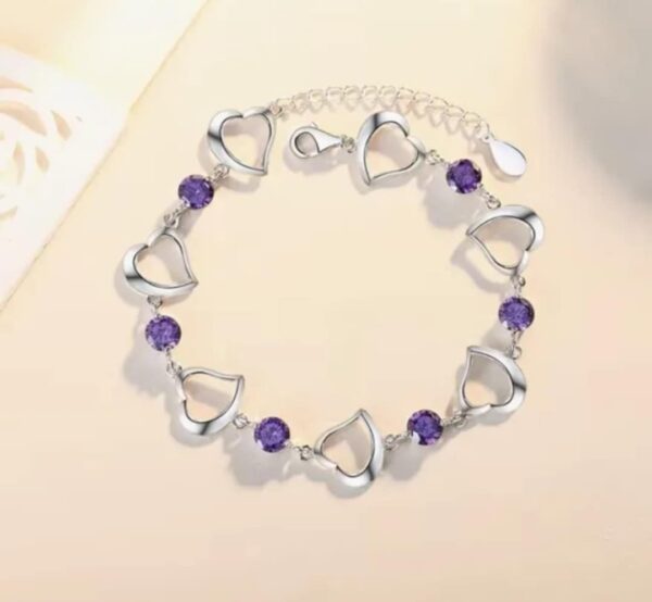 Pulsera De Plata 925 Corazón Color Púrpura Cristal